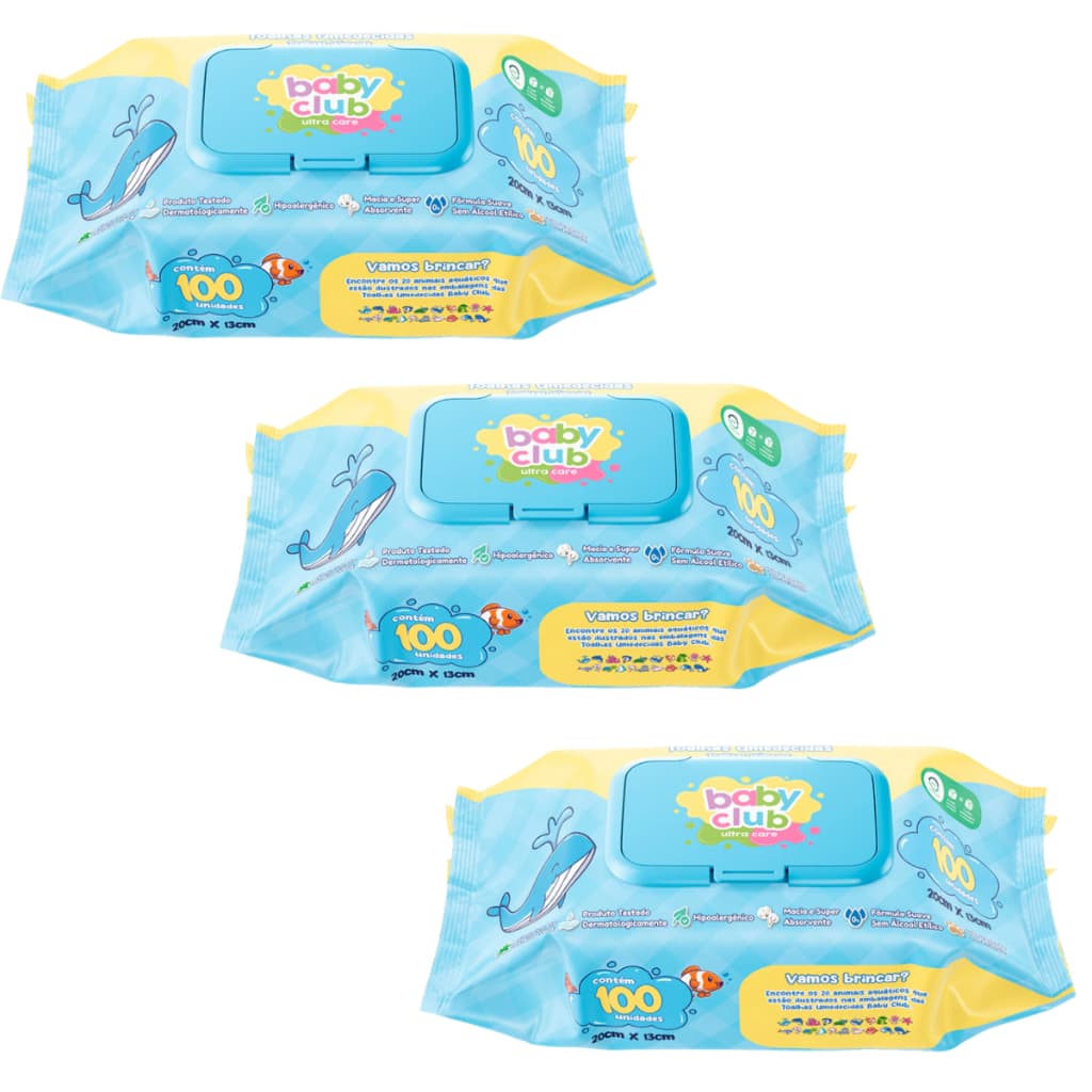 3 Pacotes Lenços Umedecidos Sem Álcool 100un Baby Club
