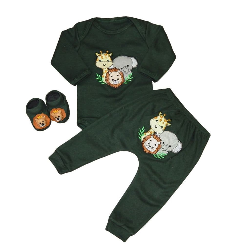 Conjunto Body Bebê c/ Mijão  e Sapatinho Bordado Menino Kit 3 Peças