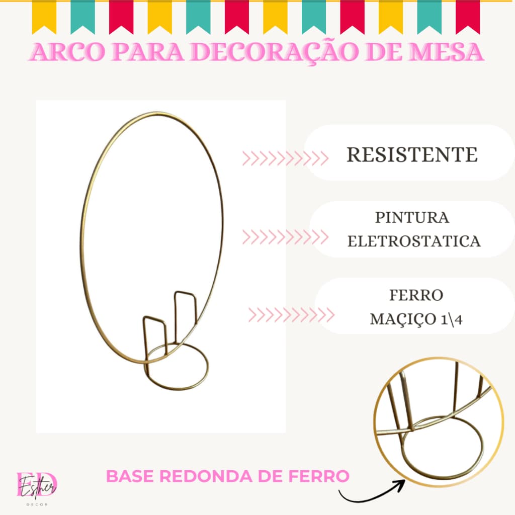 Arco de Mesa 50 cm Arco Porta Beixiga Arco Para Decoração De Mesa De Festas e Aniversario Dourado