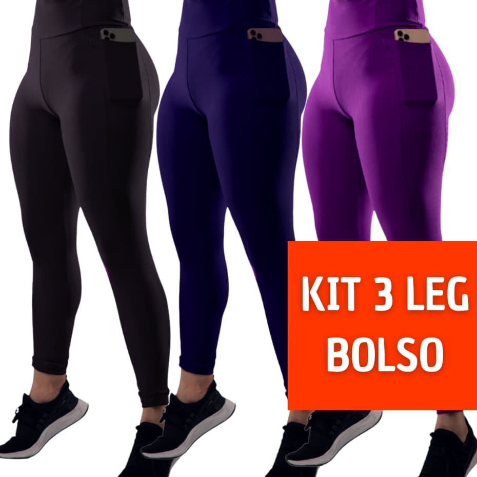 Kit 3 Calça Legging Feminina Fitness Academia com Bolsos Laterais para guardar objetos