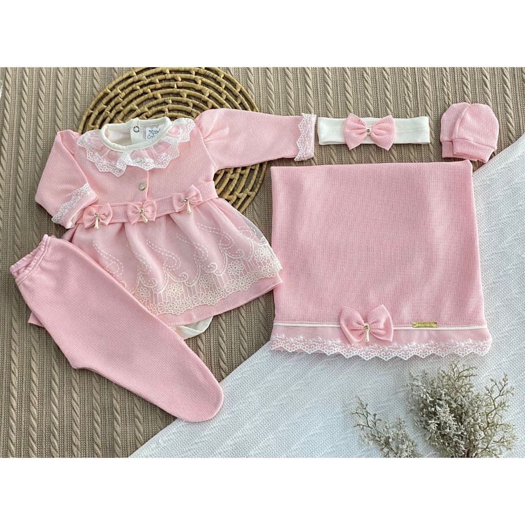 Saída de Maternidade RN  6 Peças em Malha Tricô Macio Vestido, Body, Manta, Luvas e Culote