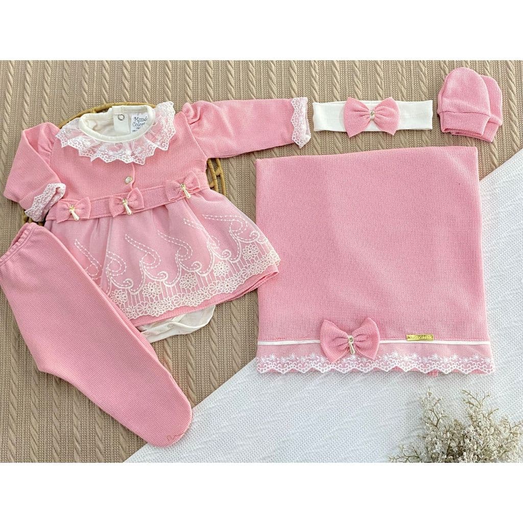 Saída de Maternidade Mundo Colorido – 6 Peças em Malha Tricô: Vestido, Body, Manta, Luvas e Tiara