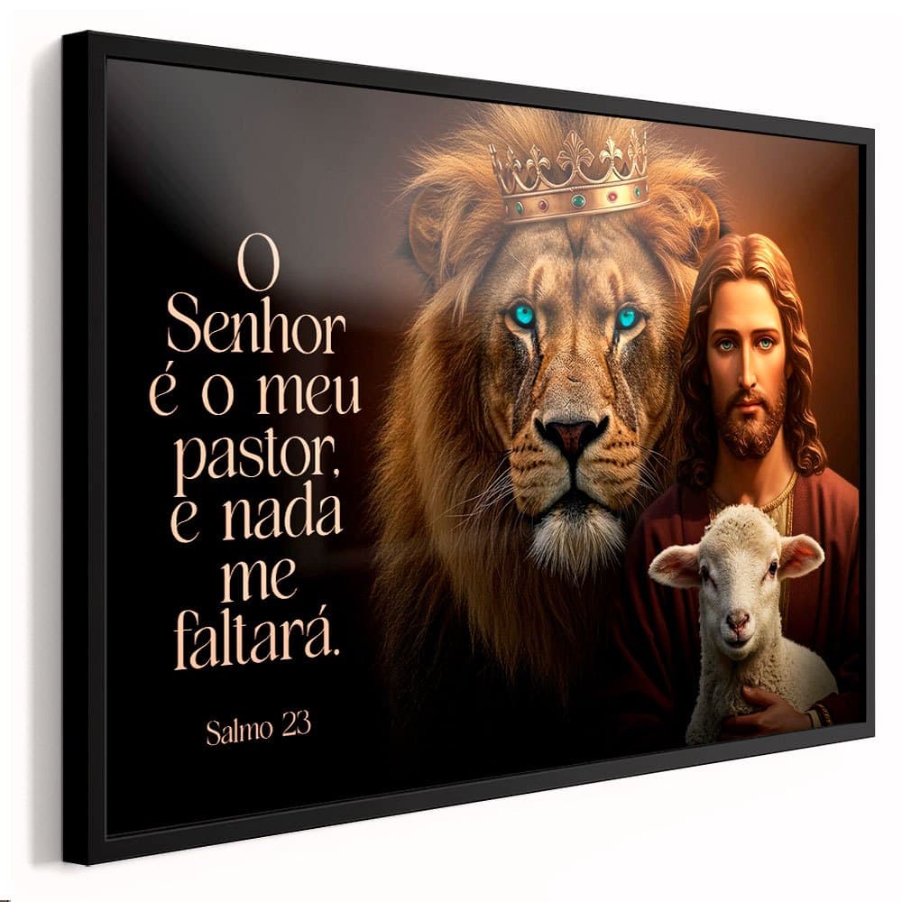Quadro decorativo Leão de Judá Jesus e cordeiro de Deus O Senhor é meu pastor e nada me faltará. 1 peça