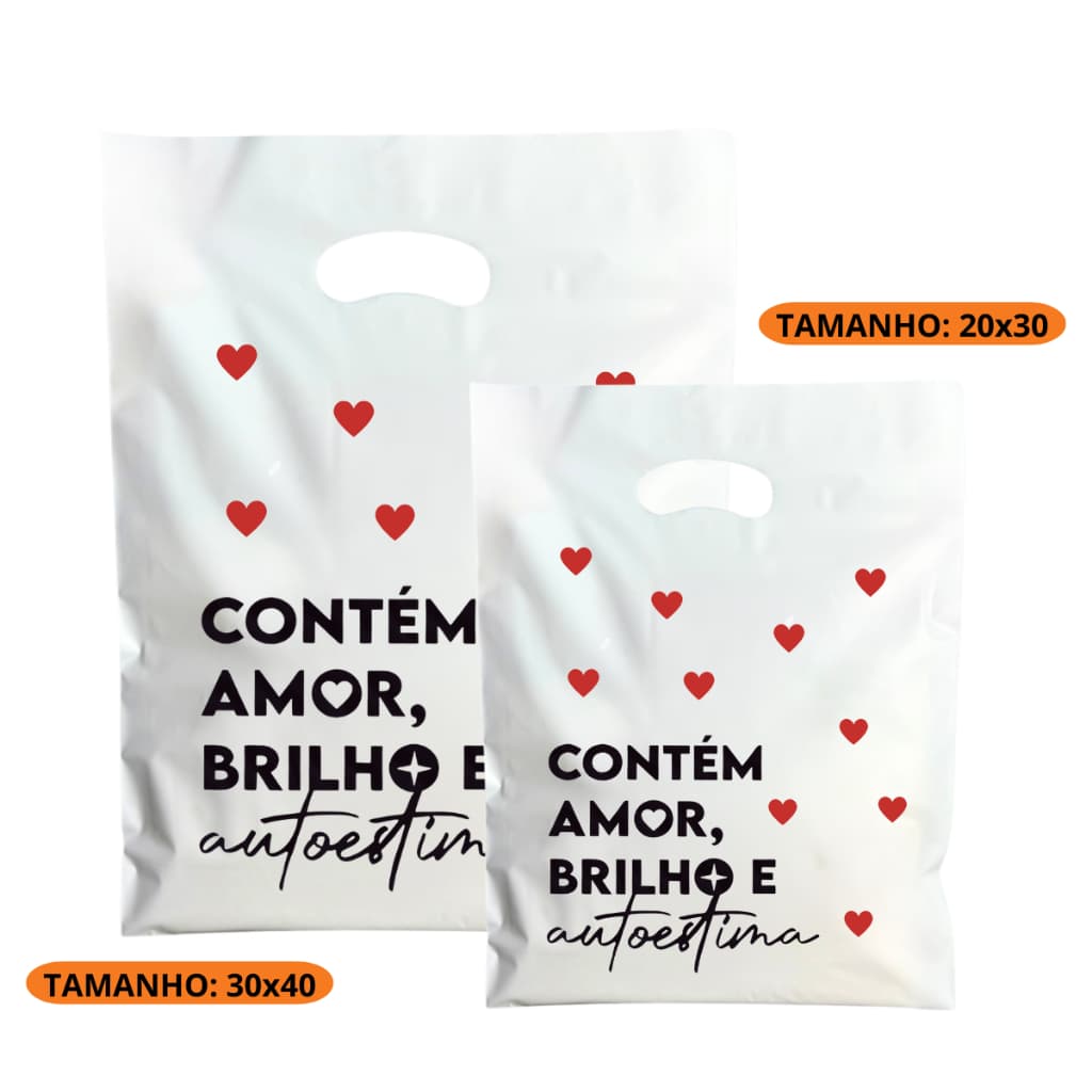 Sacolas Plásticas Boca De Palhaço Para Loja | Tam M 20X30  - Contém, Amor , Brilho e Autoestima.