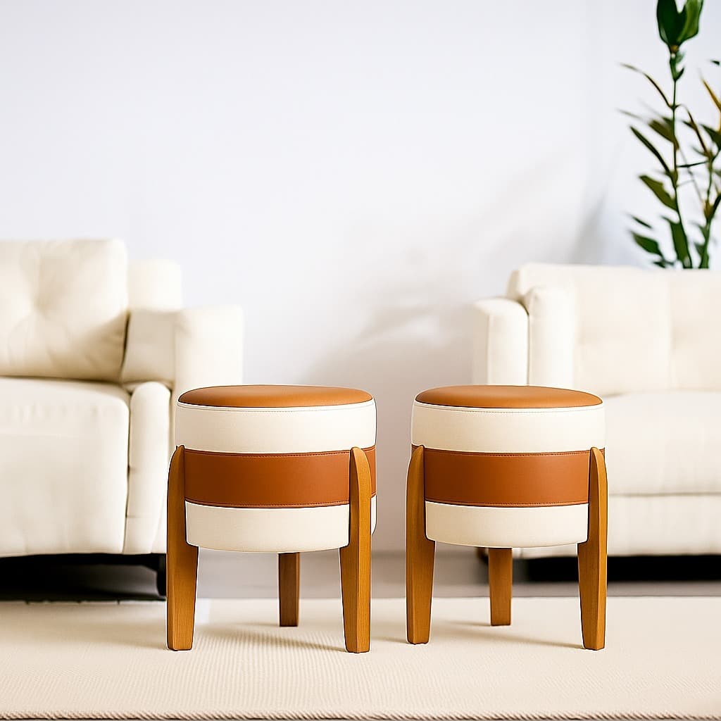 Kit Puff Isis Linho pés madeira 2 unidades banco banqueta envio imediato