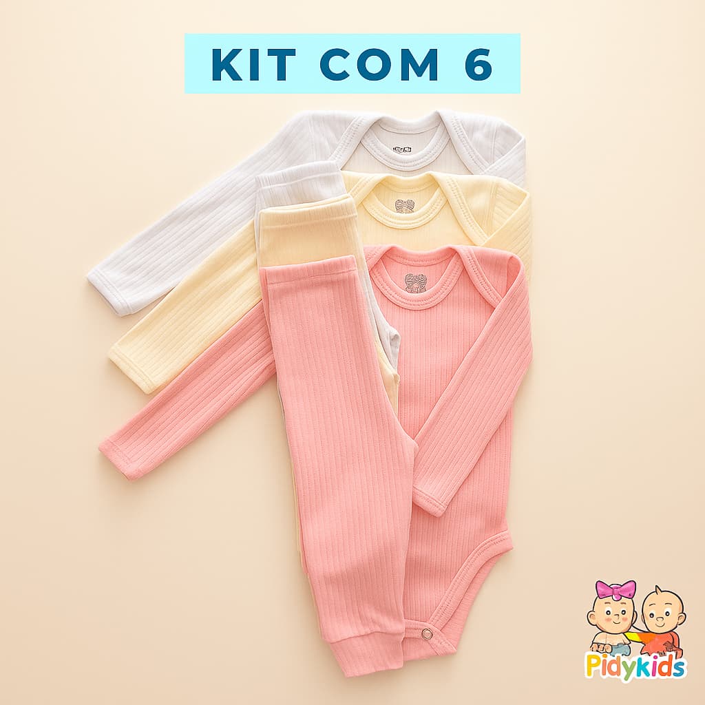 Kit 6 Peças - Body Canelado Manga Longa + Calça De Bebe Liso Canelado