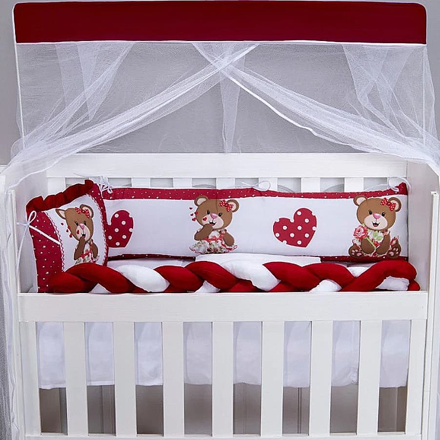 Kit Mini Berço 8 Peças C/ Trança Edredom Mosquiteiro Enxoval Bebê Aconchegante Unissex