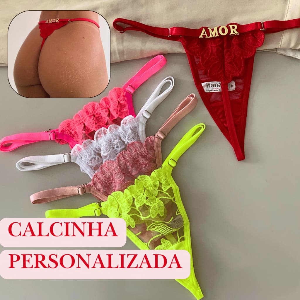 Calcinha Fio Tanga Sensual Frases e Nomes Personalizados Tule Bordado Regulagem Estilosa Divertida