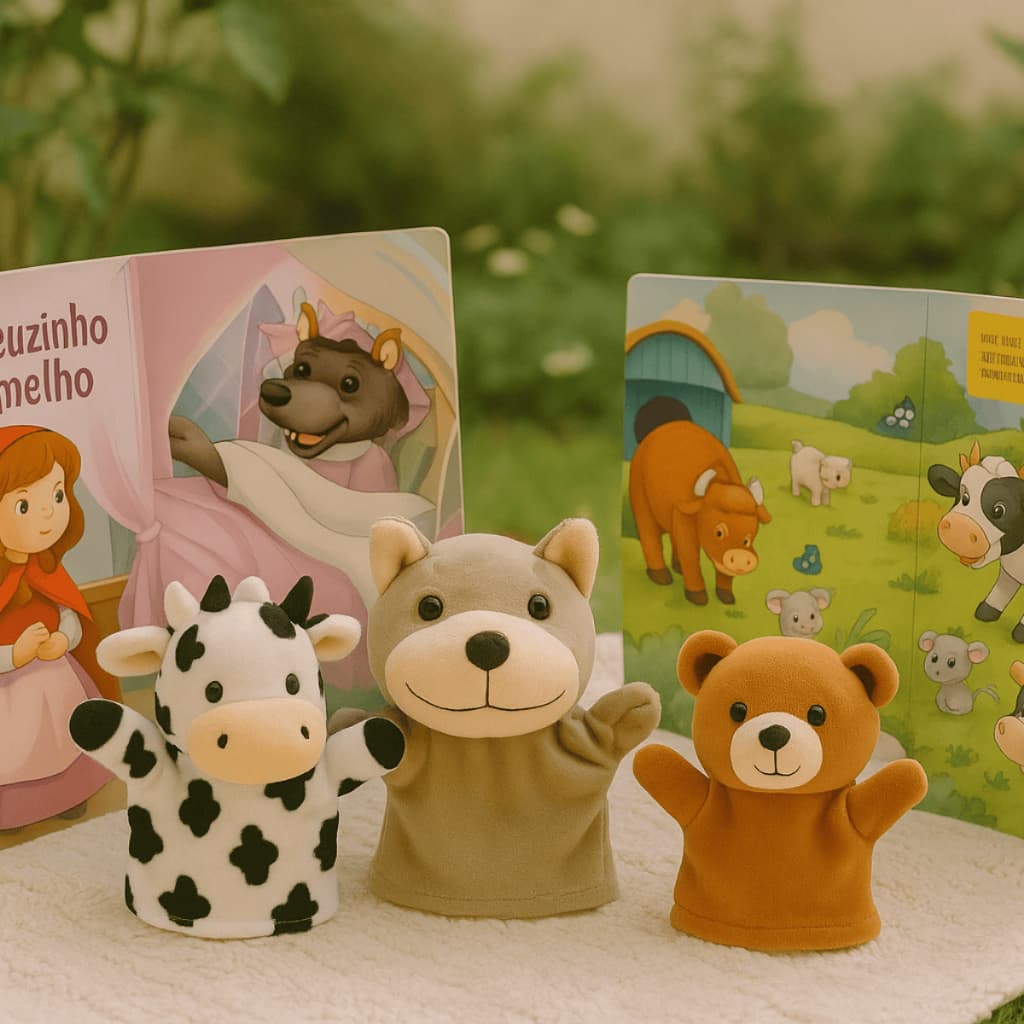 Livro Fantoche de Mão Infantil Interativo de Vaca Cachorro ou Lobo Livro da Fazendinha & Chapeuzinho