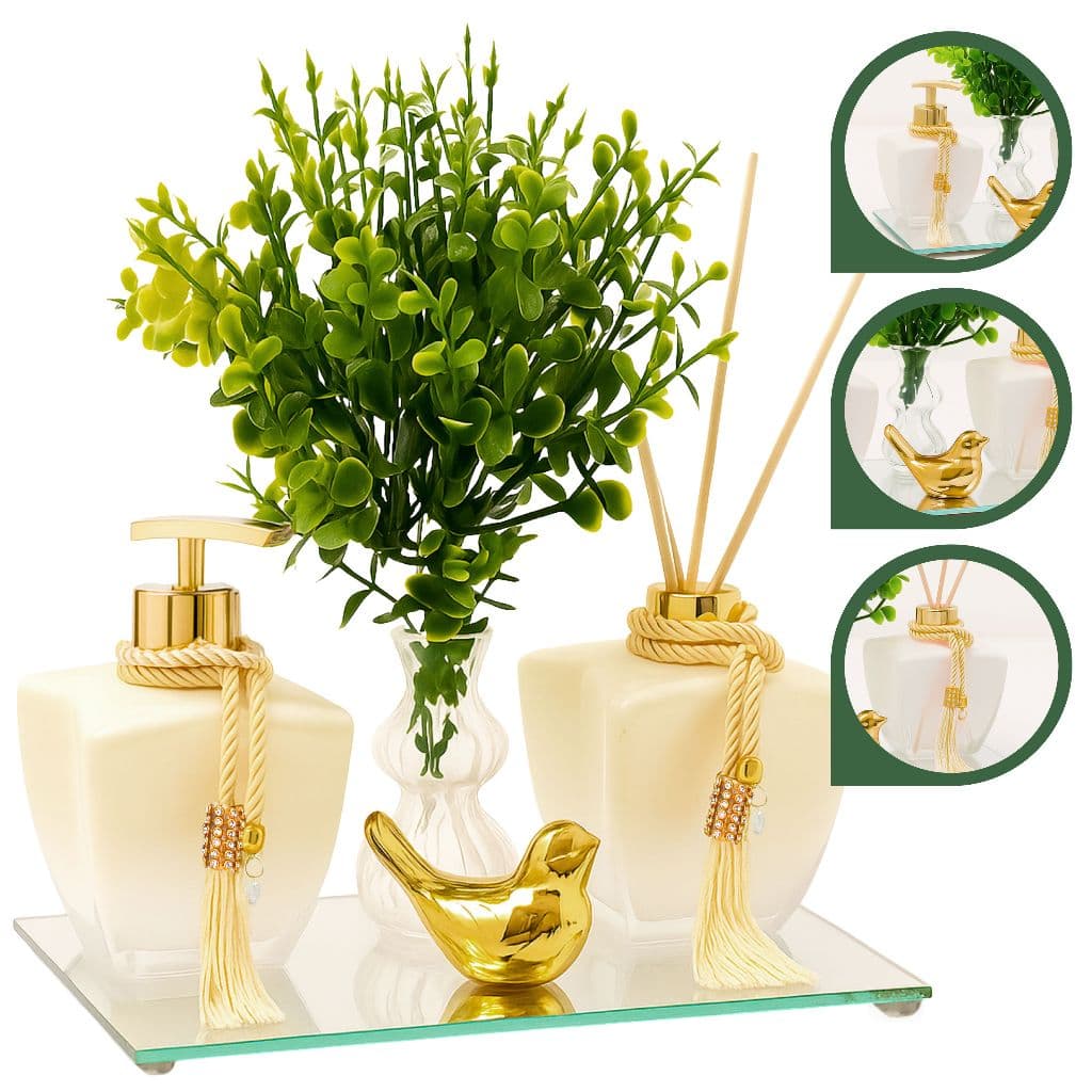 Kit Banheiro Vidro Estrela Degrade Branco Porta Sabonete Liquido e Difusor C/ Bandeja Luxo