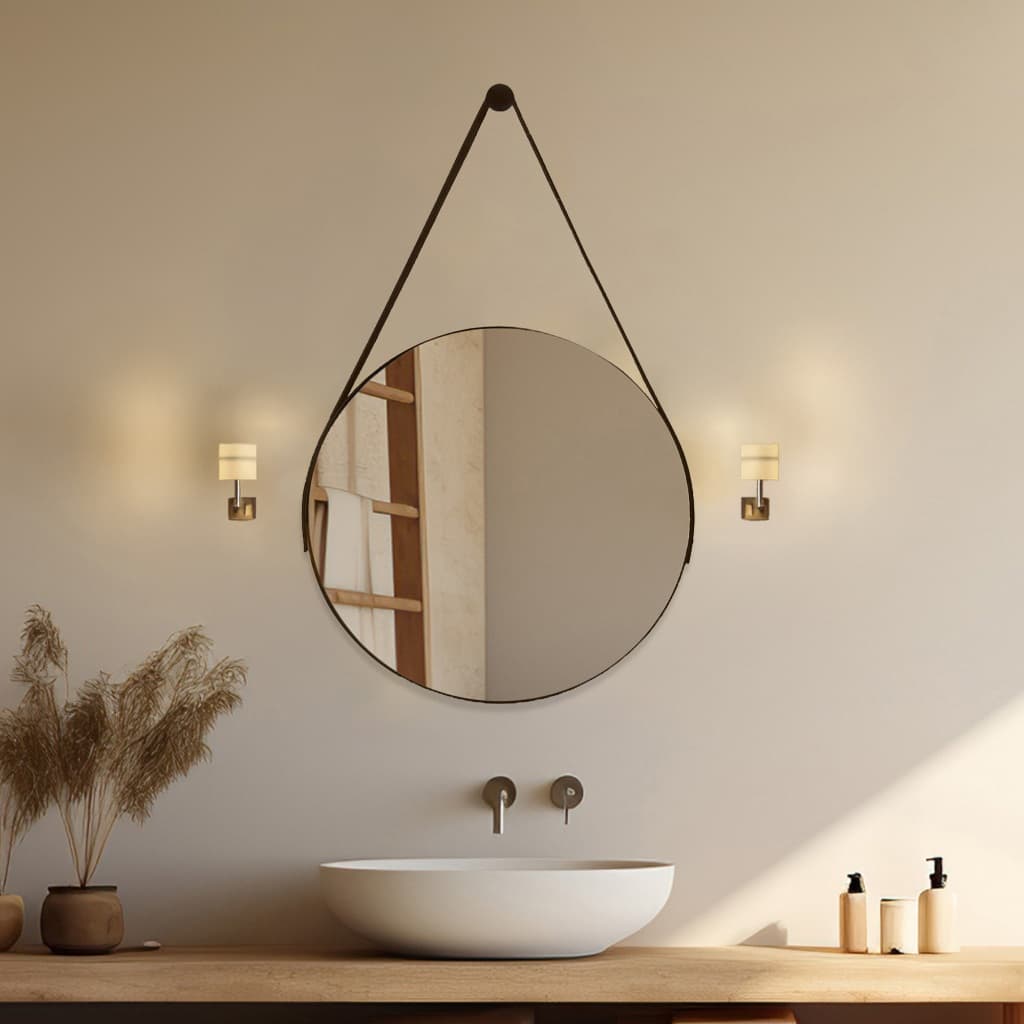 Espelho Adnet 40cm Sala Quarto Banheiro Suporte e Pendurador Alça Couro