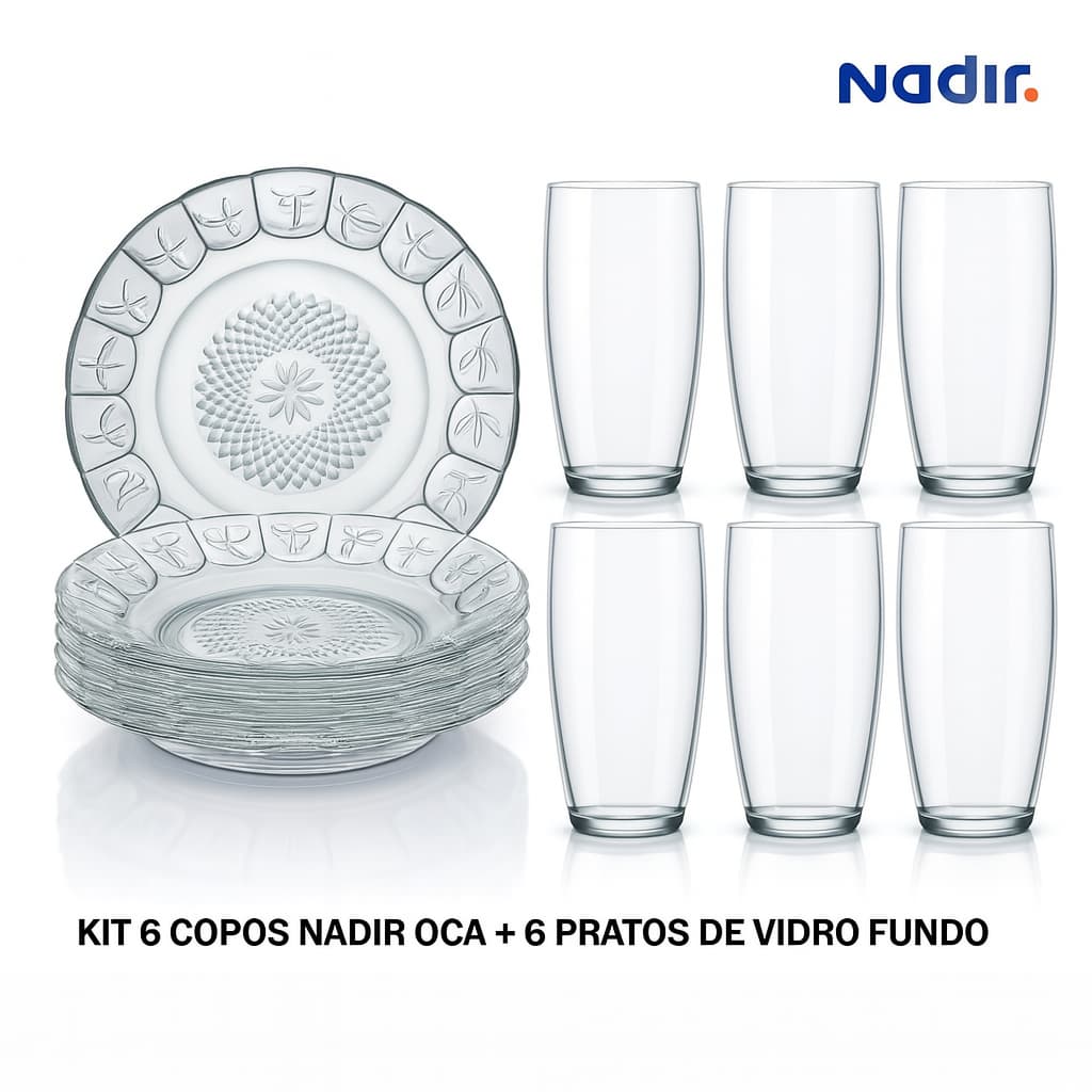 Kit 6 Copos Vidro Nadir Oca 6 Pratos Fundos Vidro Resistente Mesa Jogo Cozinha Refeição Decoração