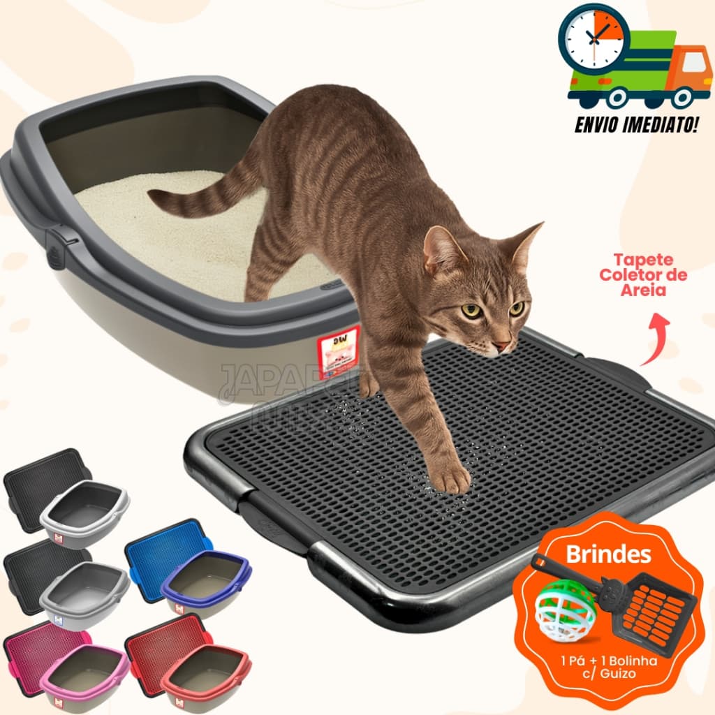 Caixa de Areia Para Gatos Com Tampa Anti Sujeira + Tapete Coletor de Areia + Pá e Guizo