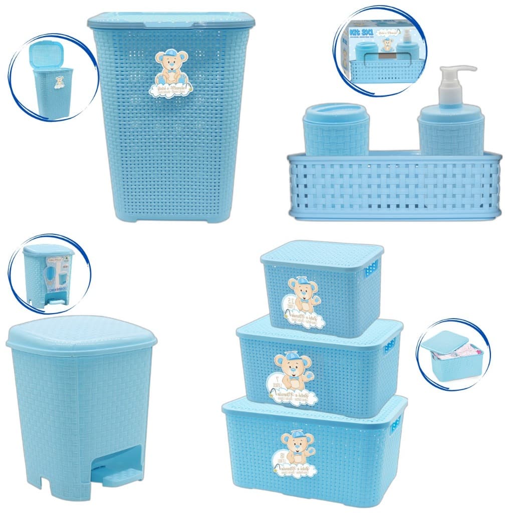 Kit Para Banho Organizador Bebê Baby Azul Menino Saboneteira Cestos E Lixeira