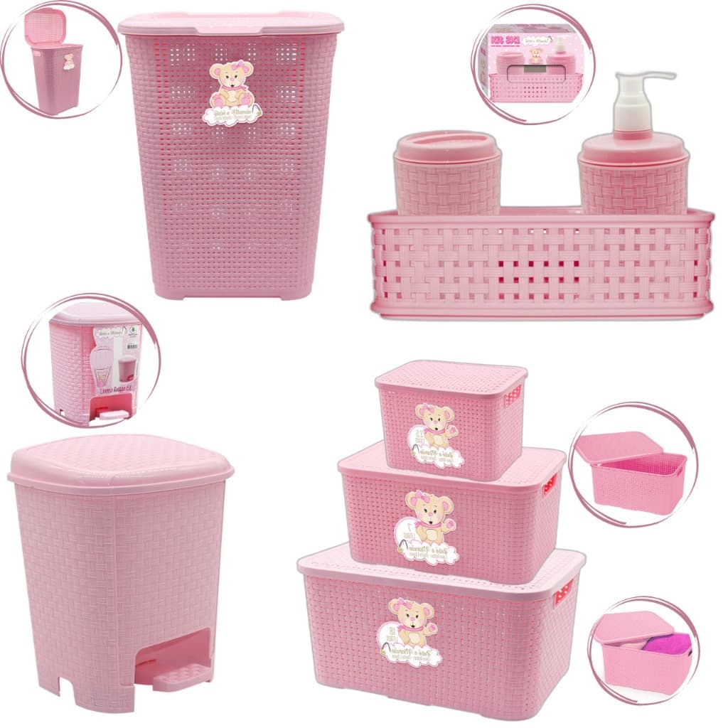 Kit Para Banho Organizador Bebê Baby Rosa Menina Saboneteira Cestos E Lixeira
