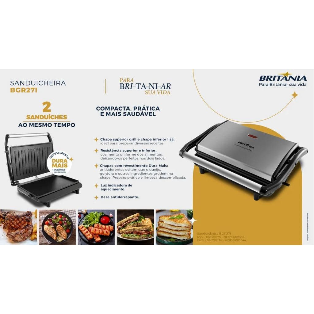 Sanduicheira E Grill Britânia Bgr27i Press 2 Em 1 850w