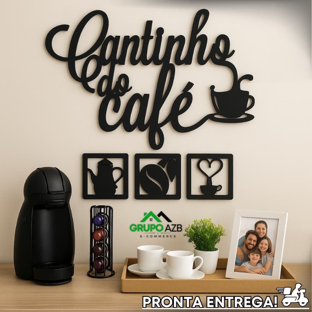 Kit Cantinho do Café MDF 4 Peças | Frase Decorativa + 3 Quadrinhos | Corte a Laser | Pronta Entrega