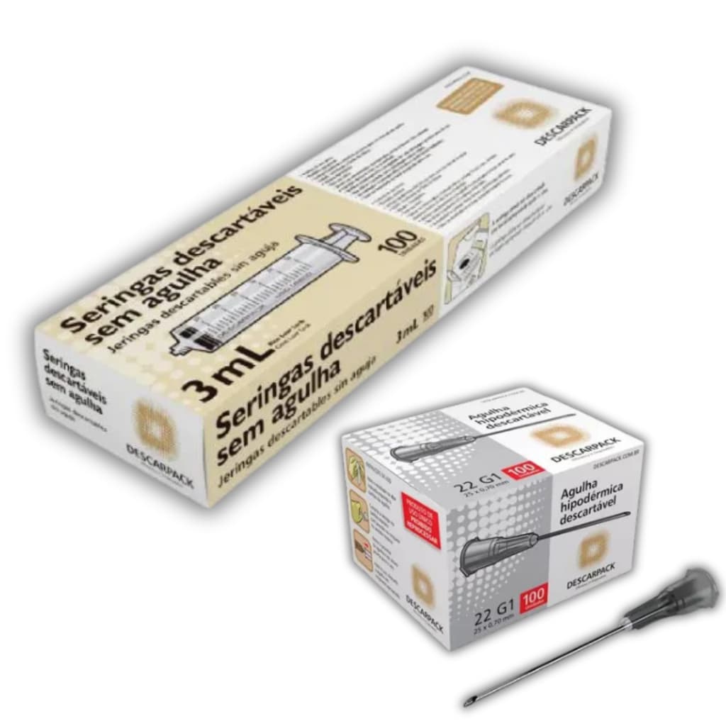 Kit 100 Seringas 3ml Bico Ll + 100 Agulhas 25x0,7 Descarpack