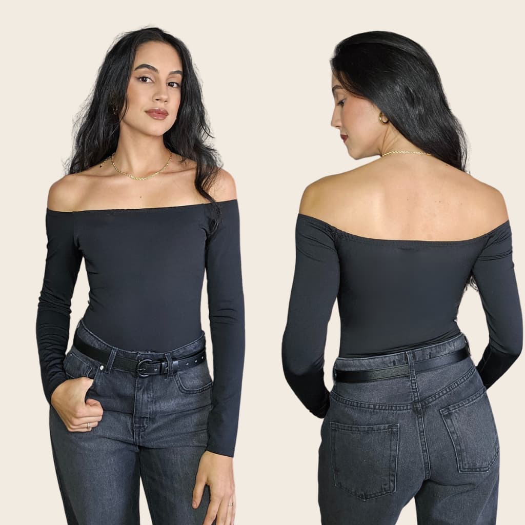Body Manga Longa Ombro a Ombro Feminino Moda Gringa Suplex Y2K Bory Ciganinha Modelador Premium Marrom Preto Cinza