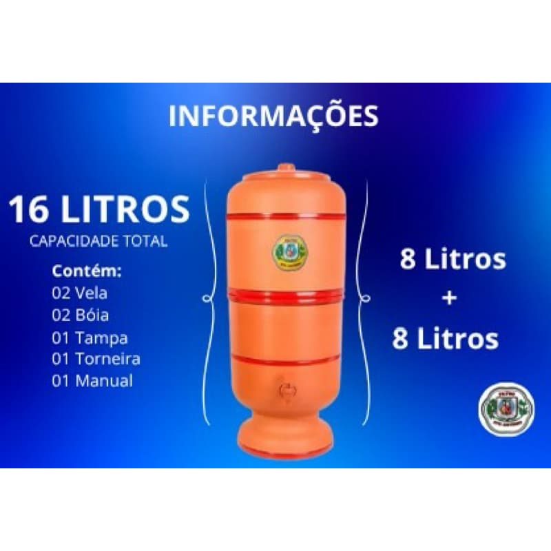 Filtro de barro 16 litro (8+8) com vela de carvão.