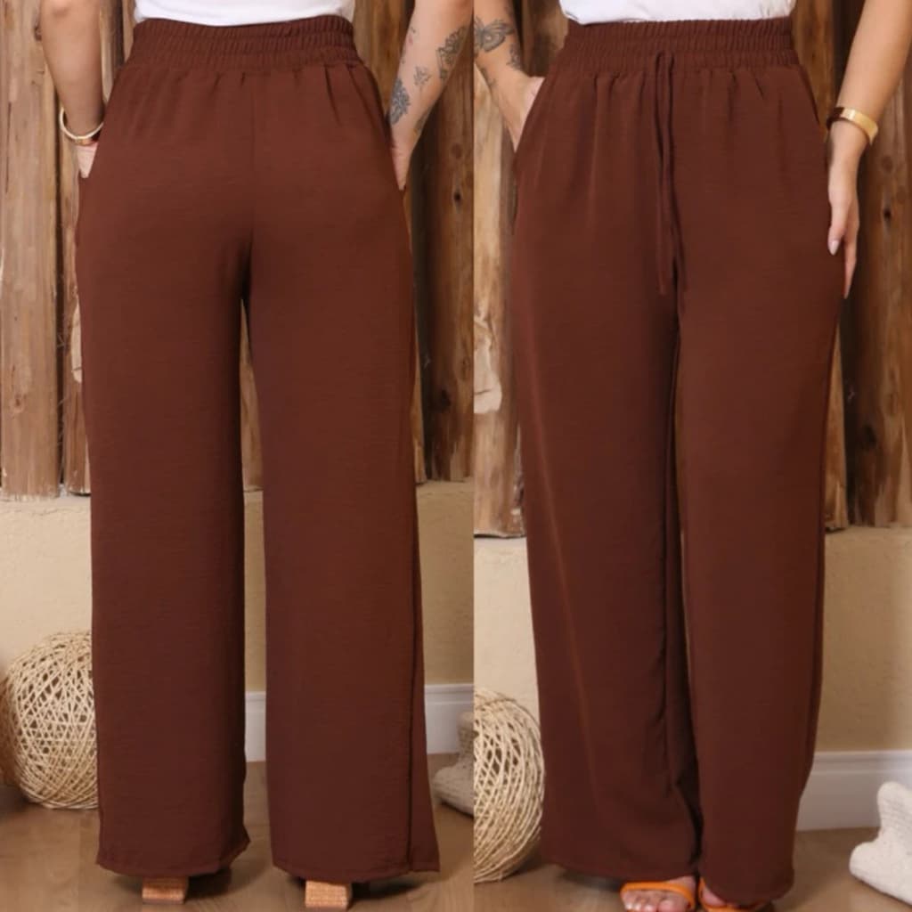 Calça Pantalona Feminina Cintura Alta Com Bolso Tecido Duna Tendencia
