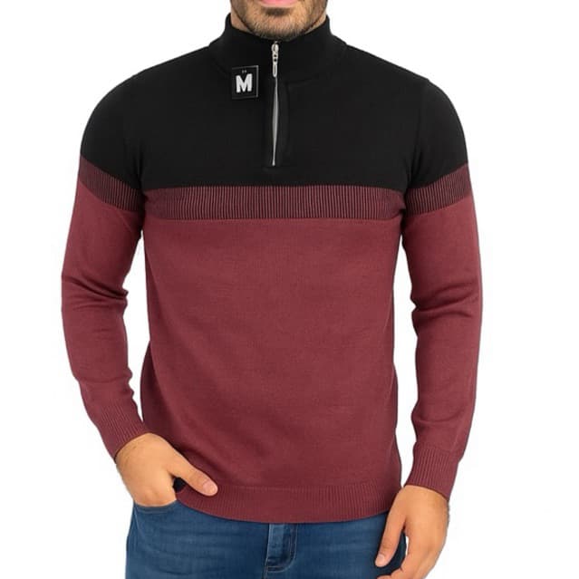 Blusa Masculina de Tricô com Zíper na Gola e Detalhe Intársia