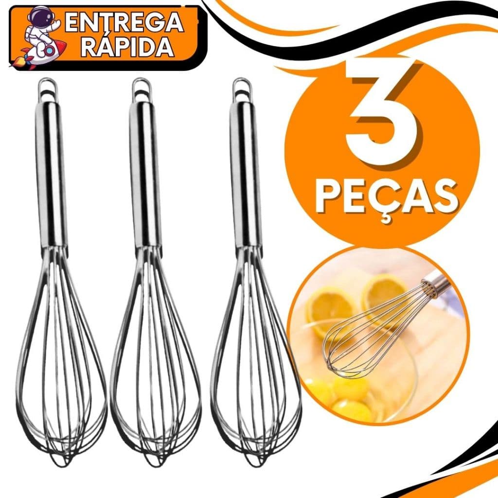 KIT CONJUNTO 3 Batedor Manual de clara ovo Fue INOX para Cozinha Casa Diversas Receitas Bolo Pão Farinha