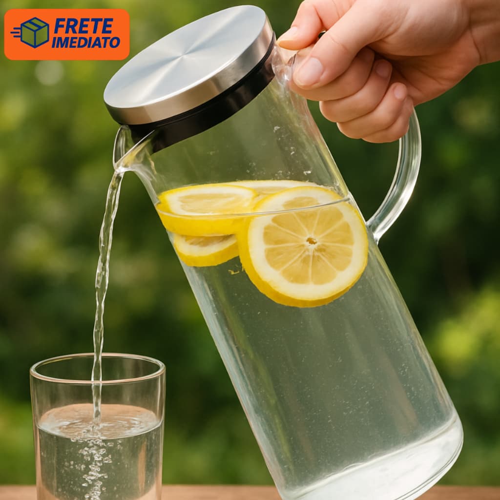 Jarra De Vidro Borossilicato Com Tampa De Inox Suco Água 1,5 Litros Transparente