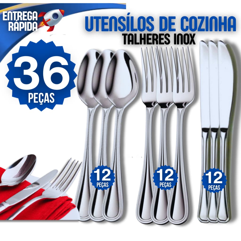 Kit 36 Talheres 100% Inox 12 Garfo 12 Faca 12 Colher Premium Casa Cozinha Buffet Restaurante Mesa
