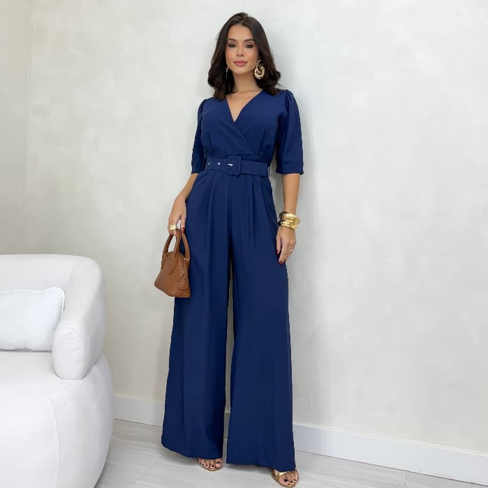 Macacão Feminino com Cinto  Manga 3/4 Elegante no tecido marrant