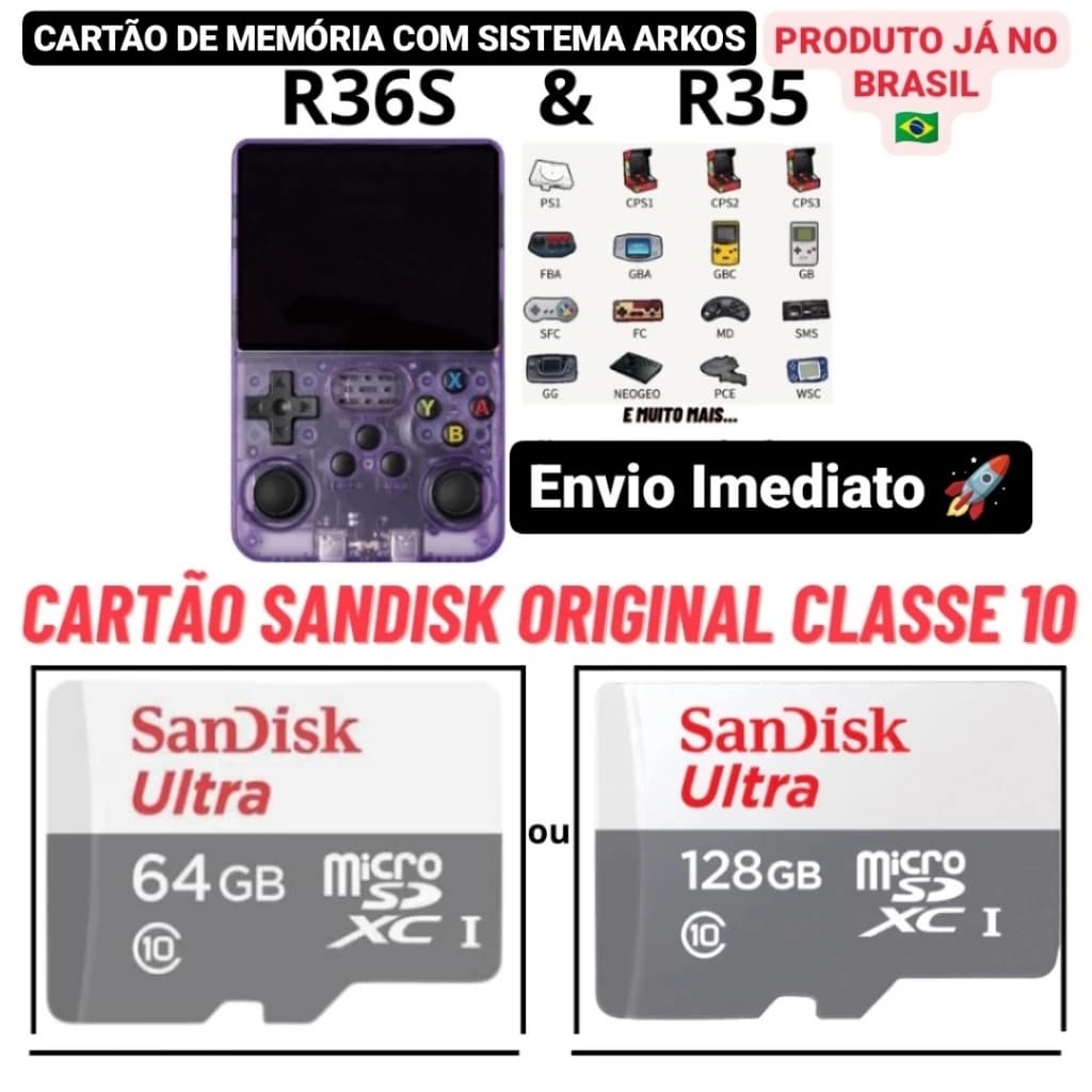 Cartão de Memória Micro SD 64GB Original Com Sistema ArkOS Atualizado 2025 + Jogos P/ Game Portátil R35s e R36s