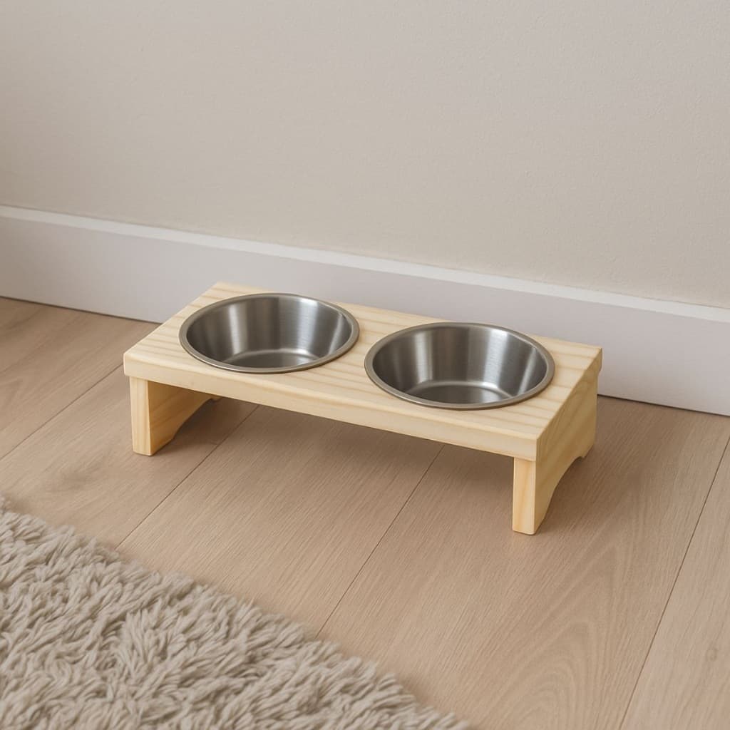 Comedouro e Bebedouro Madeira Pinus e Aluminio pra Cachorro ou Gato