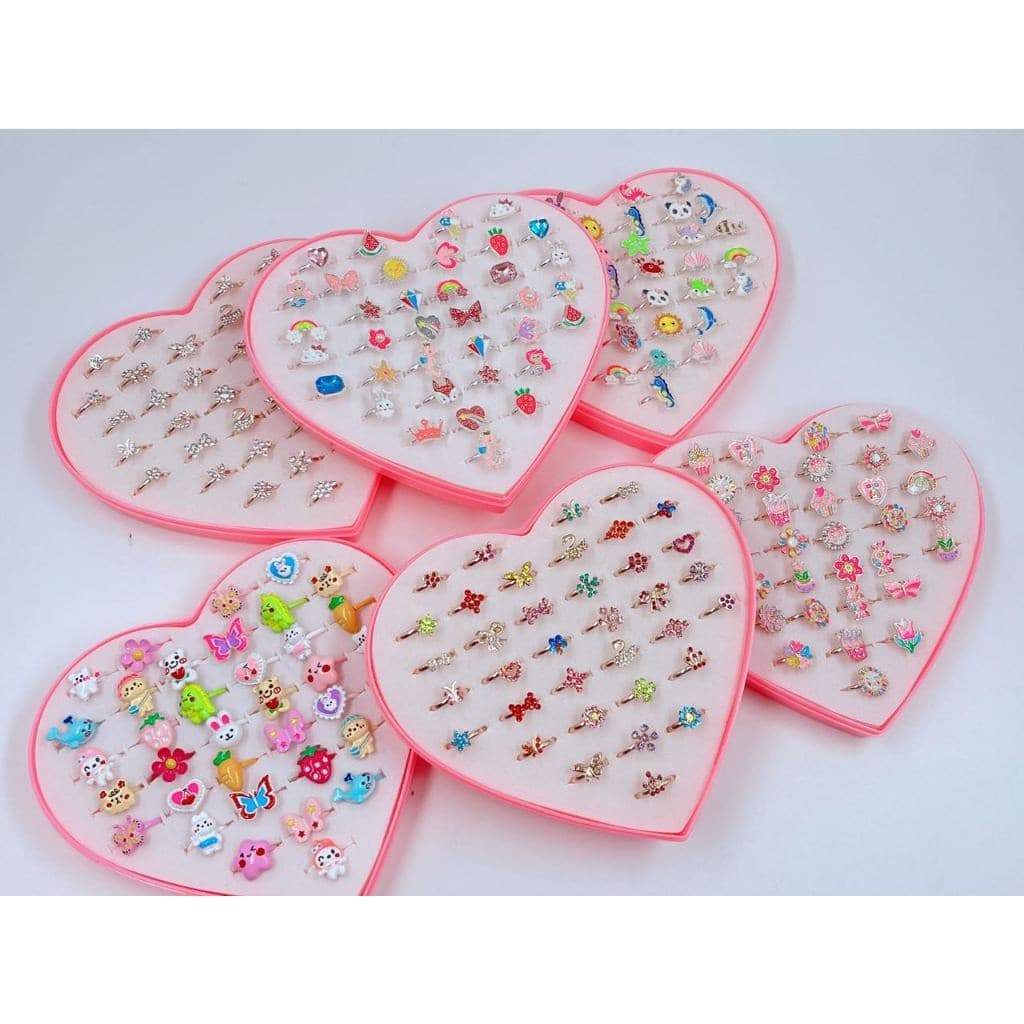 Kit 36 Unidades Anéis Infantil Menina + Caixa Coração / Ajustável Sortidos