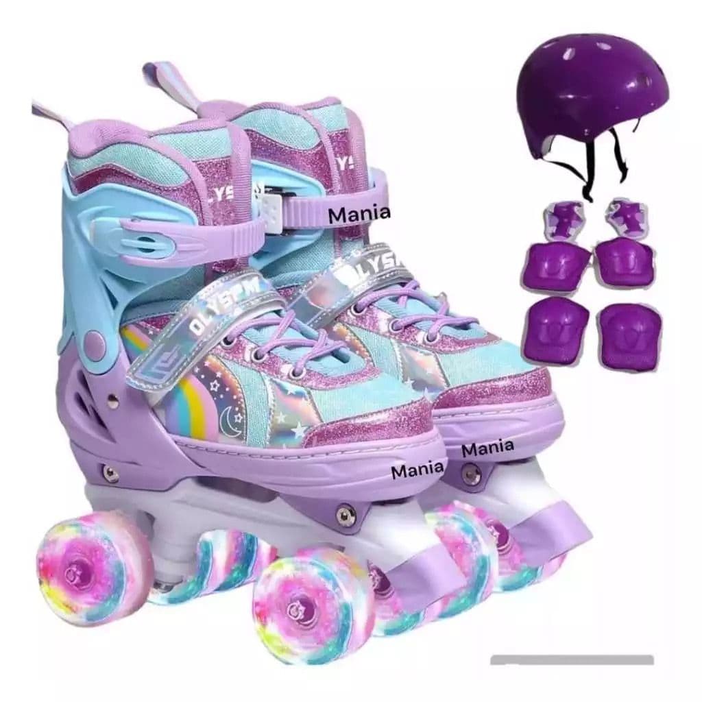 Patins Infantil 4 Rodas Menina ARCO IRIS Com Luz De Led Patins COM Kit Proteção Menino Promoção