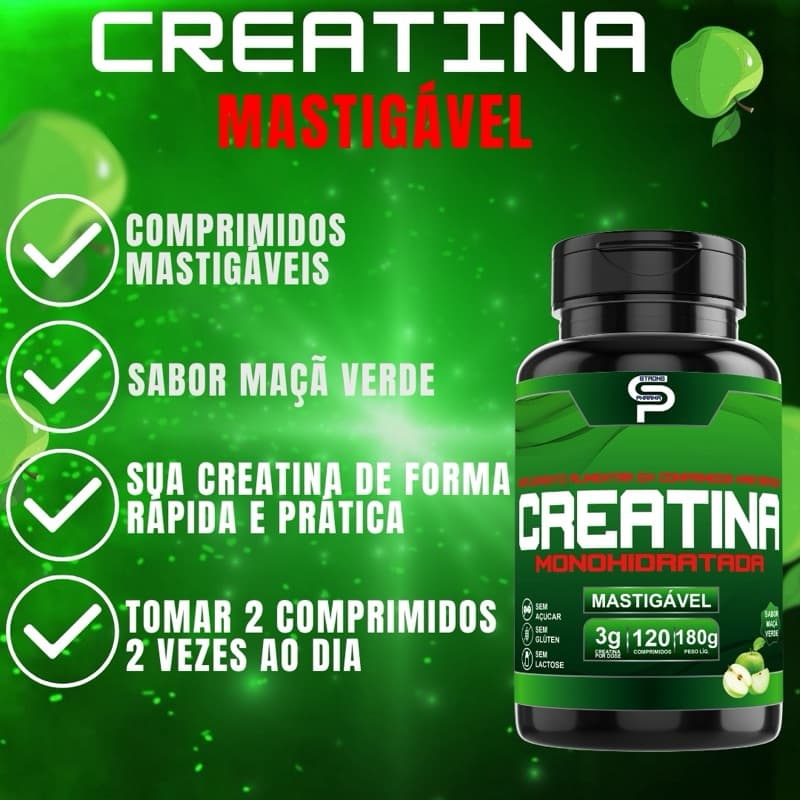 Creatina Pura Mastigável Creapure Sabor Maçã Verde 120 Comprimidos Energia Atletas 3000mg  Por Dose