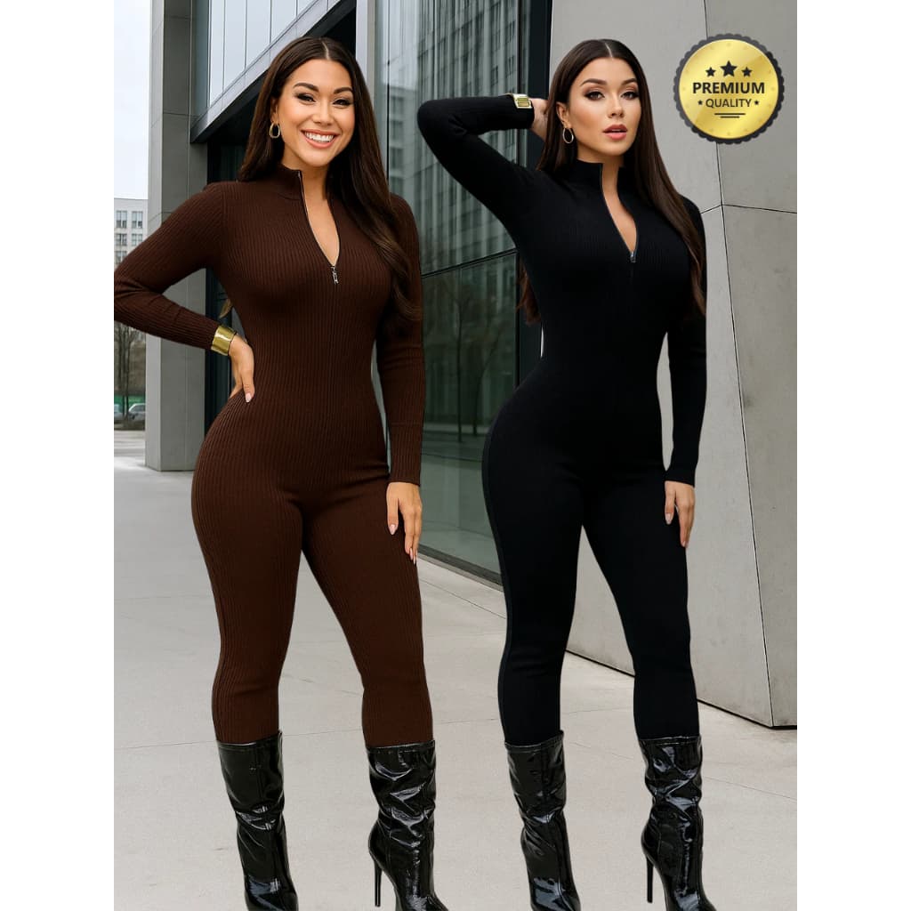 Macacão Feminino Virginia Tecido Anaruga Manga Longa Super Estiloso Versátil Com Zíper