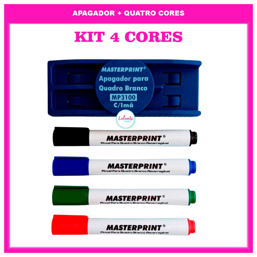 kit Caneta Pincel Lousa Quadro Branco Recarregáveis 4 Cores + Apagador Imã Quadro Branco Masterprint