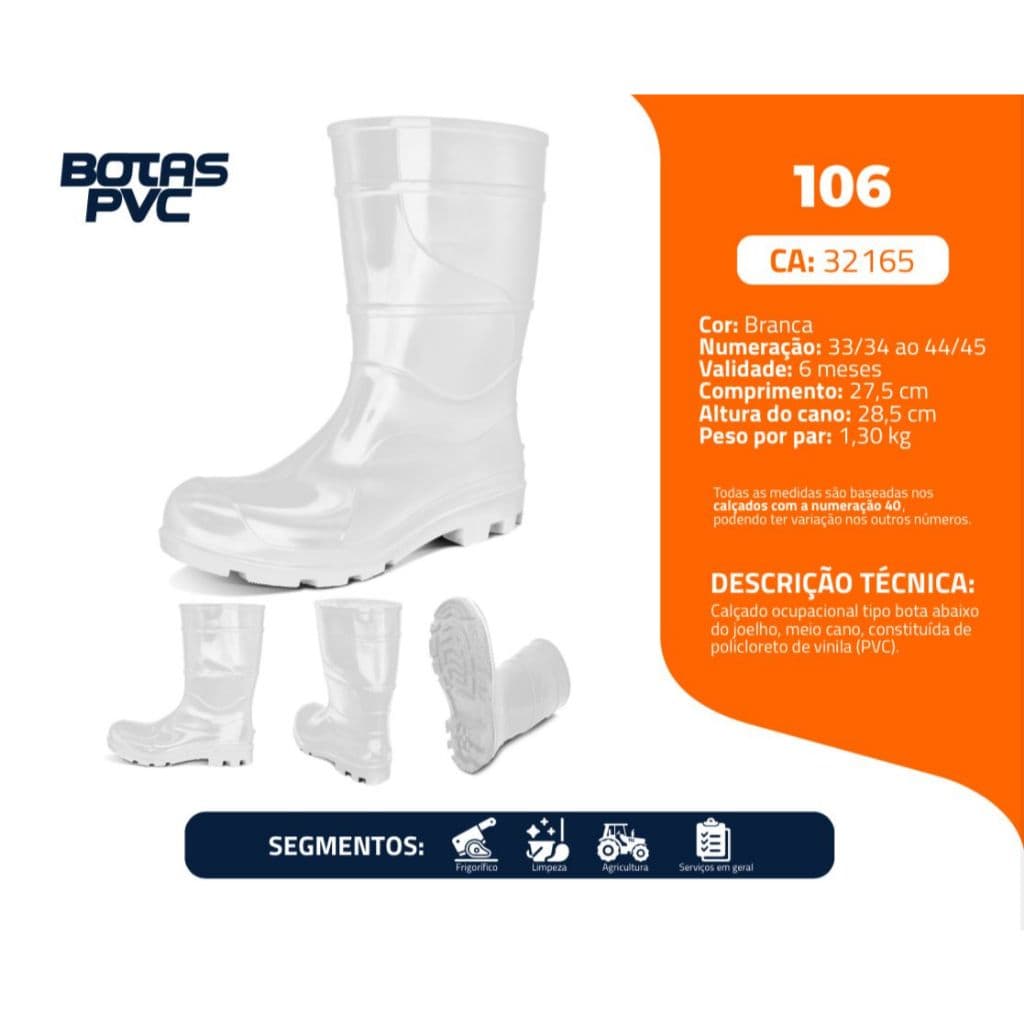 Bota de PVC Cano Médio 28cm com Forro Branca - Cartom | CA - 32165