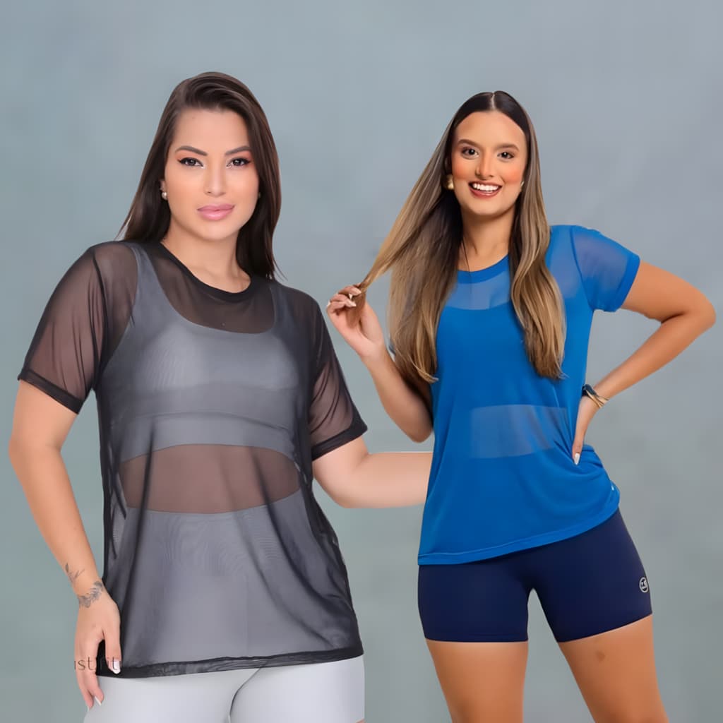 Kit Com 2 Blusas Transparente De Tule Academia Fitnes