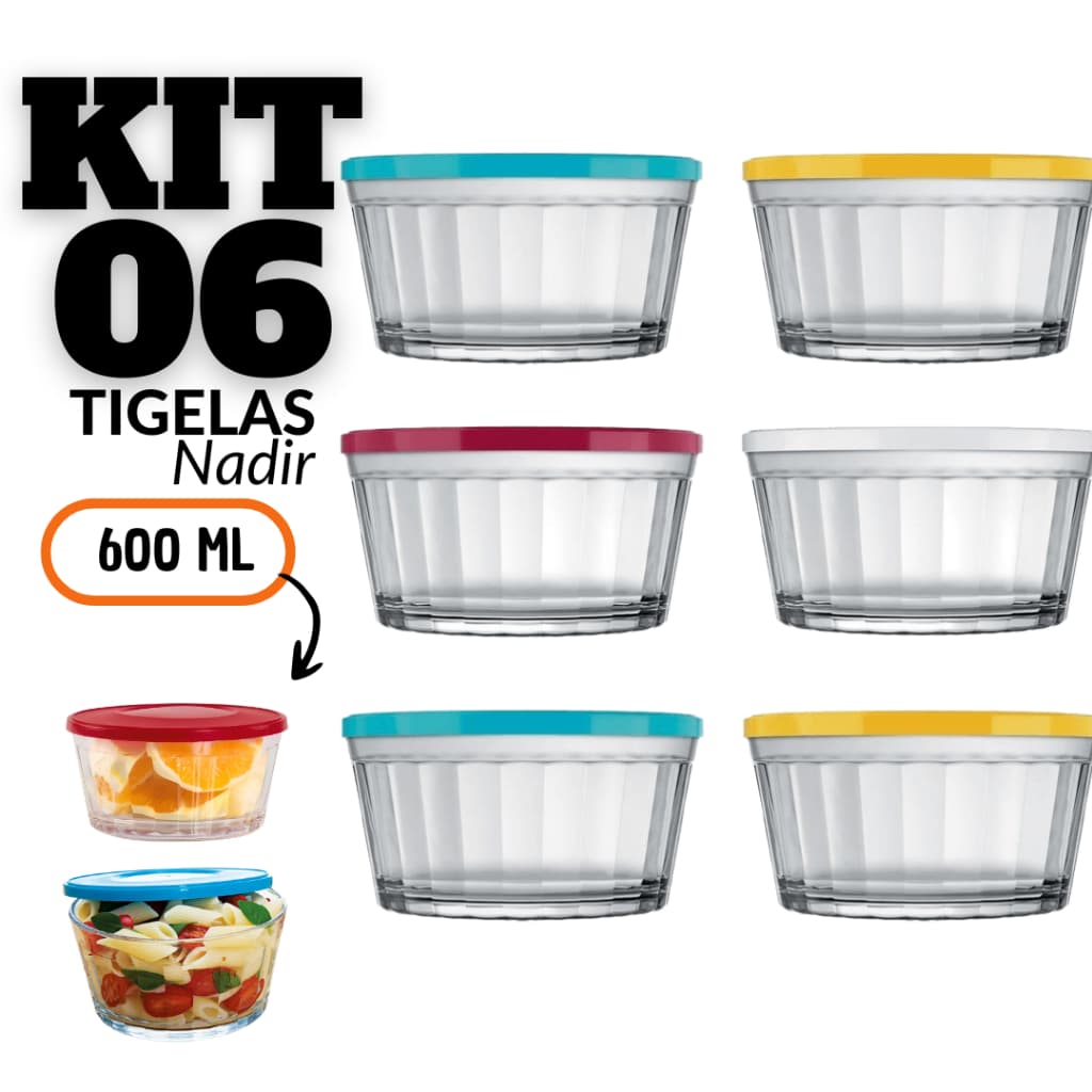 Kit 6 Tigela De Vidro 600 ml Nadir Com Tampa Cores Sortidas