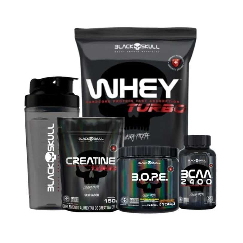 Kit Whey Turbo 907g + Creatina Turbo 150g + Pré Treino BOPE 150g + BCAA  100 Cáps + Coqueteleira 800ml - Black Skull