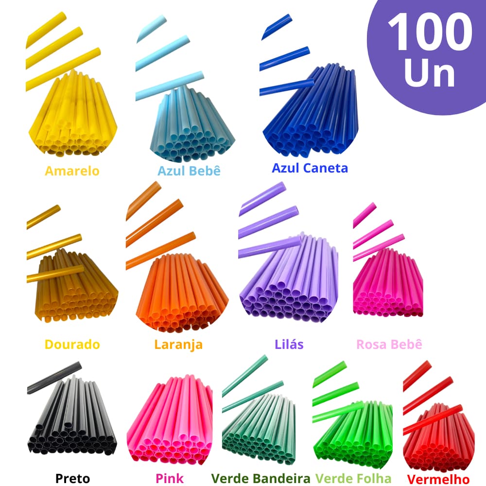 Canudo Plástico Descartável Biodegradável Kit 100 Un Cores | Refrigerante Sucos Festas | 160mm x 8mm