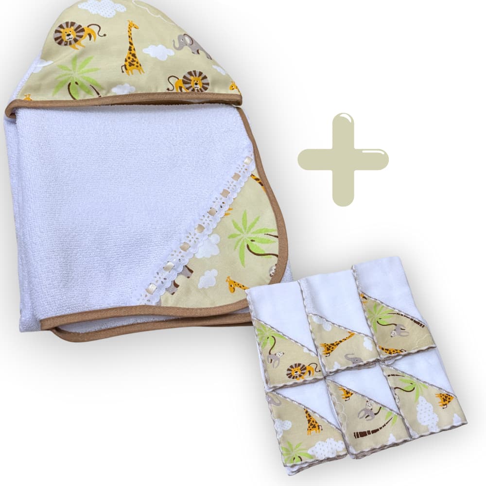 Kit Toalha de Banho para Bebê Forrada com Fralda + 6 Fraldinha Pano de Boca para Bebê Estampado