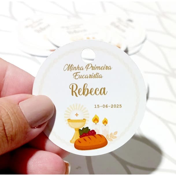 Tag redonda Primeira Eucaristia / Comunhão, 5cm de diametro, com furinho
