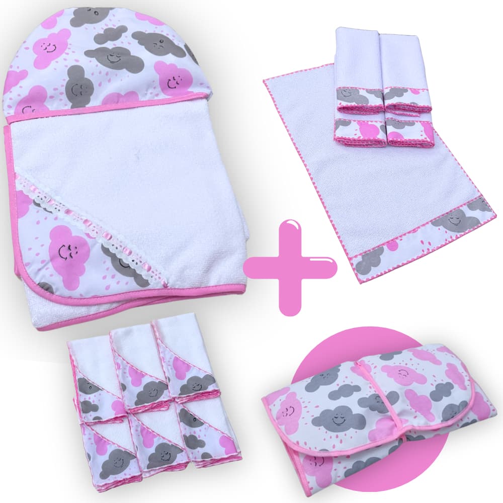Kit Bebê 13 Peças 1 Toalha de Banho Forrada + 6 Fraldinha Pano de Boca + 5 Toalhinhas Higiênicas + 1 Trocador Portátil