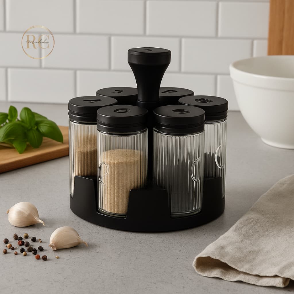 Porta Tempero Condimento com 6 Potes Vidro com Suporte Giratorio