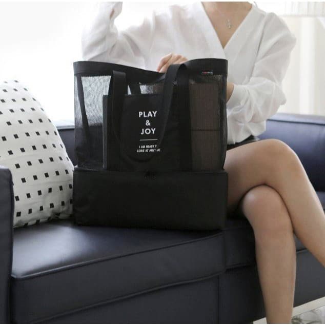 Bolsa Praia Com Rede Impermeável E Divisão Úmido Seco Para Piquenique