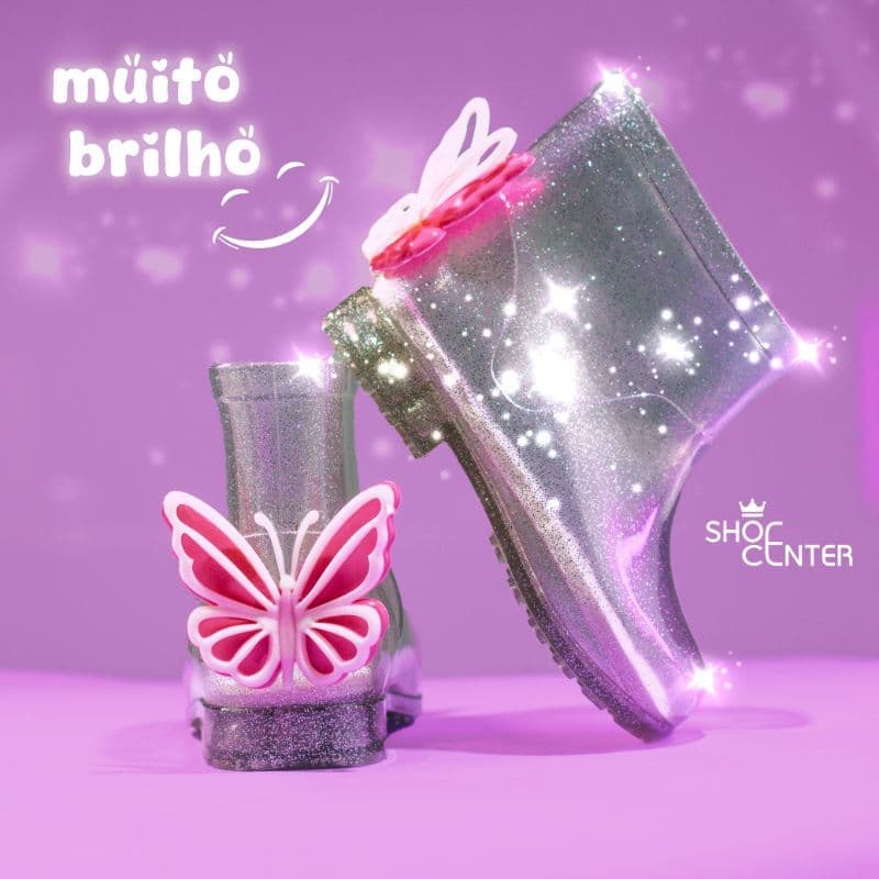 Galocha Infantil Menina Glitter Transparente com Borboleta – Bota de Chuva Infantil Antiderrapante Premium