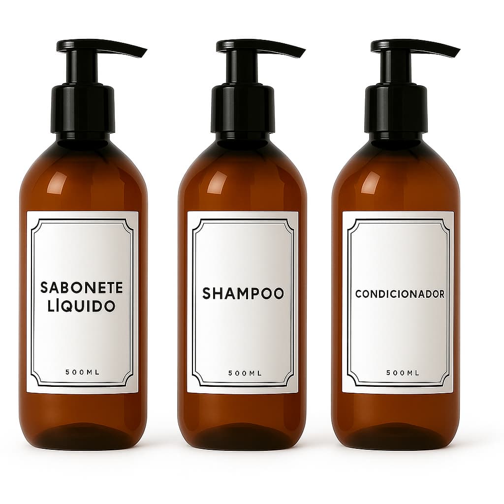 Kit Banheiro Frasco Shampoo Condicionador Sabonete 500ml PUMP Lavabo viagem ( 3 PEÇAS )