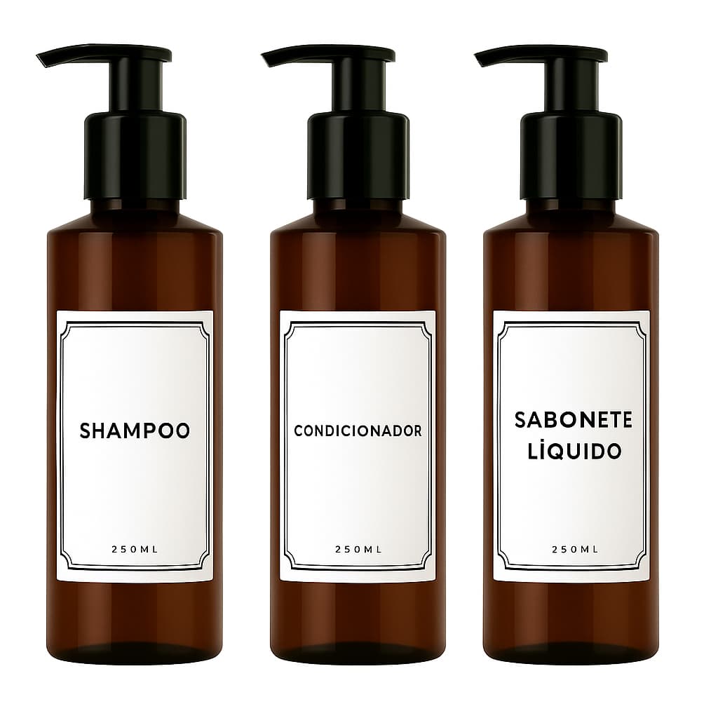 Kit de Viagem Frasco 250ml Organizador de Banheiro Lavabo Sabonete Líquido Shampoo Condicionador